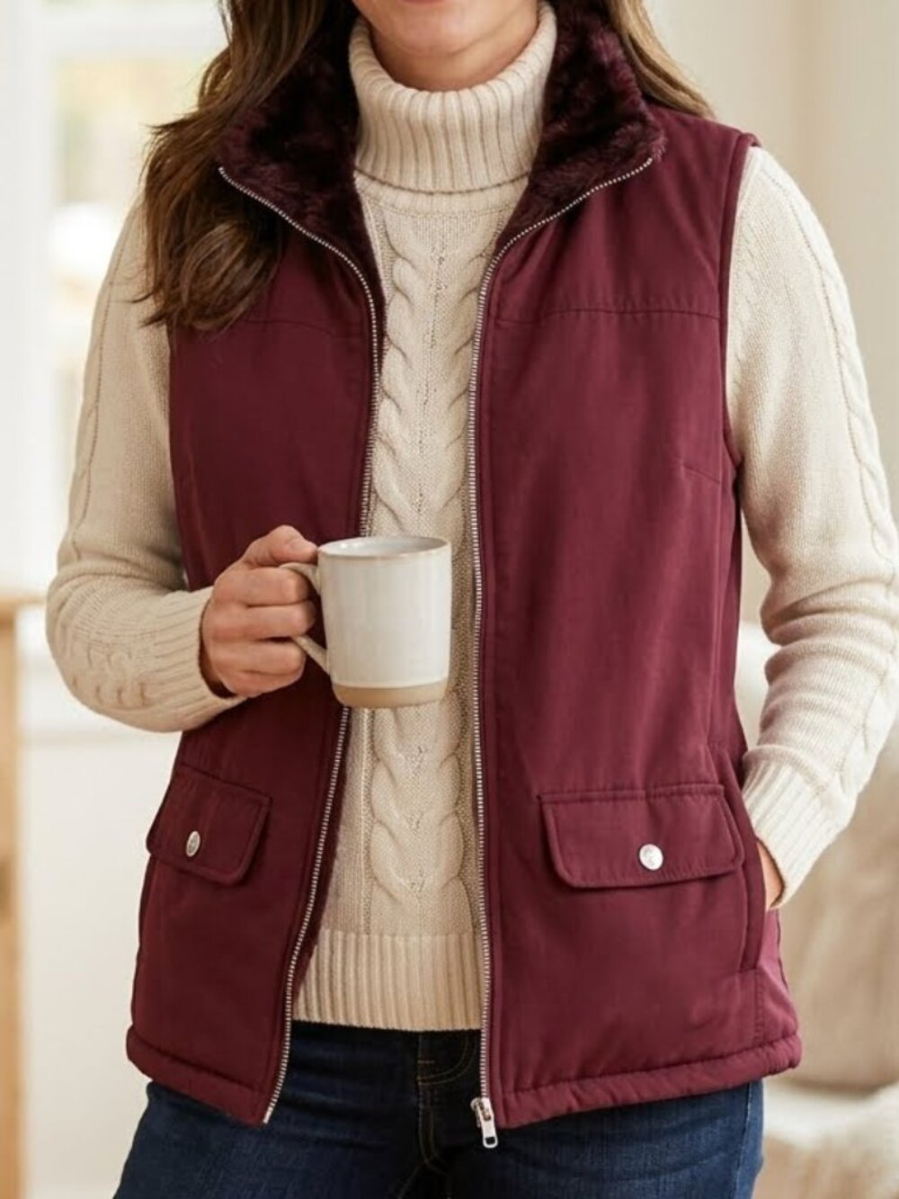 Lady Hathaway Women's Red Reversable Vest Size M Faux Fur Lining Pockets